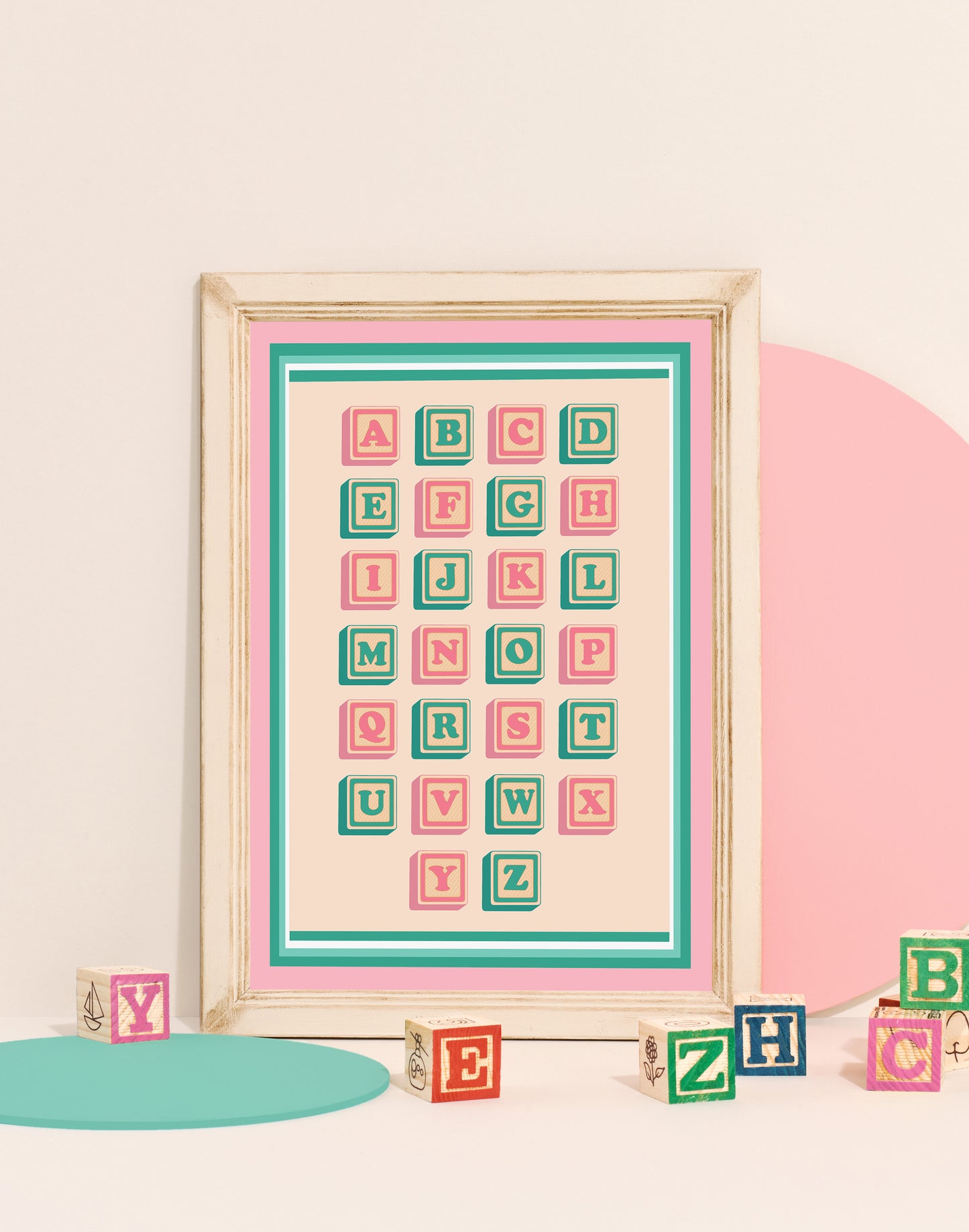 ‘Alphabet  blocks in Pink and Mint’ print