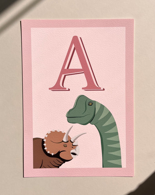 'A' Letter Dino print in Pink A4