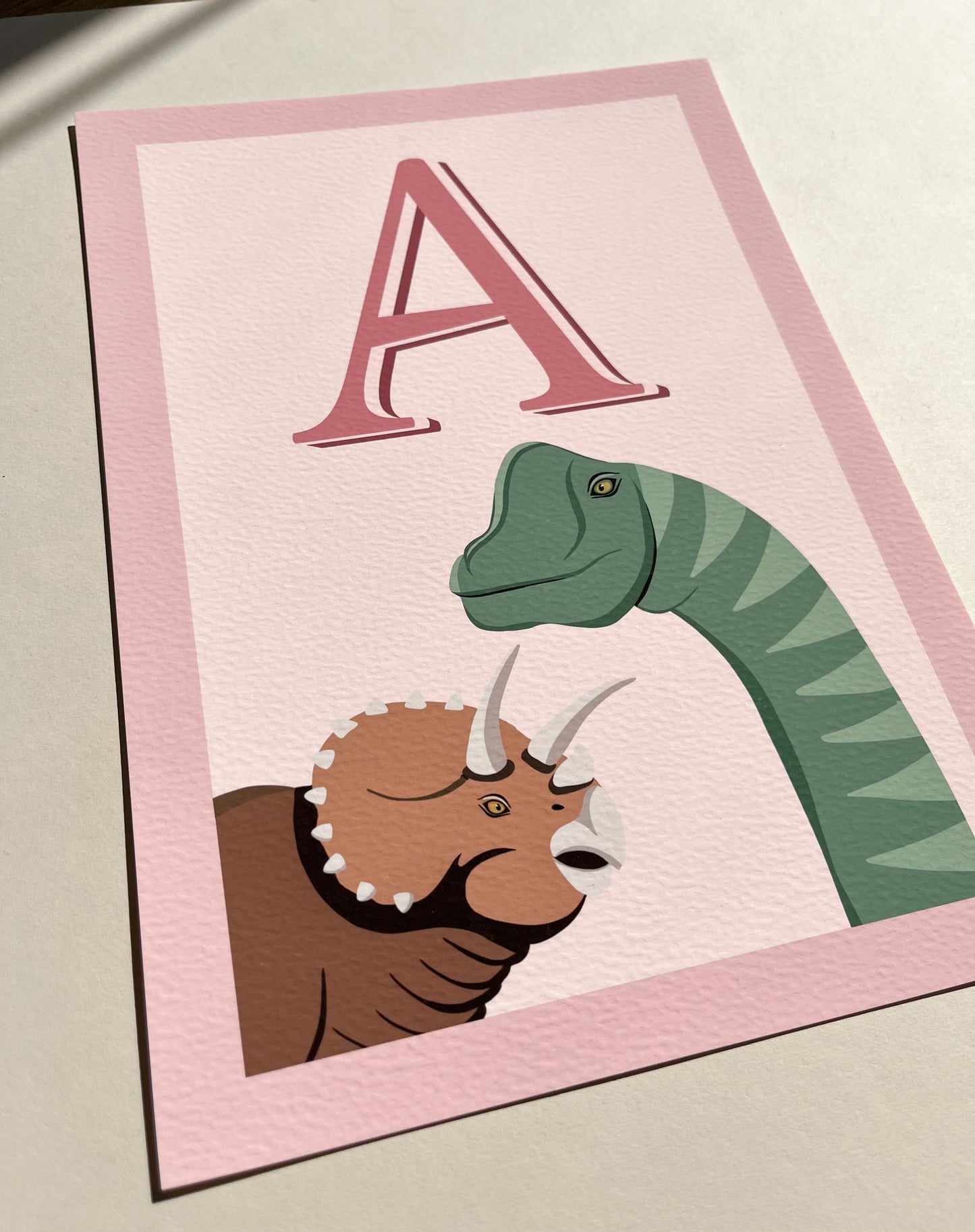 'A' Letter Dino print in Pink A4