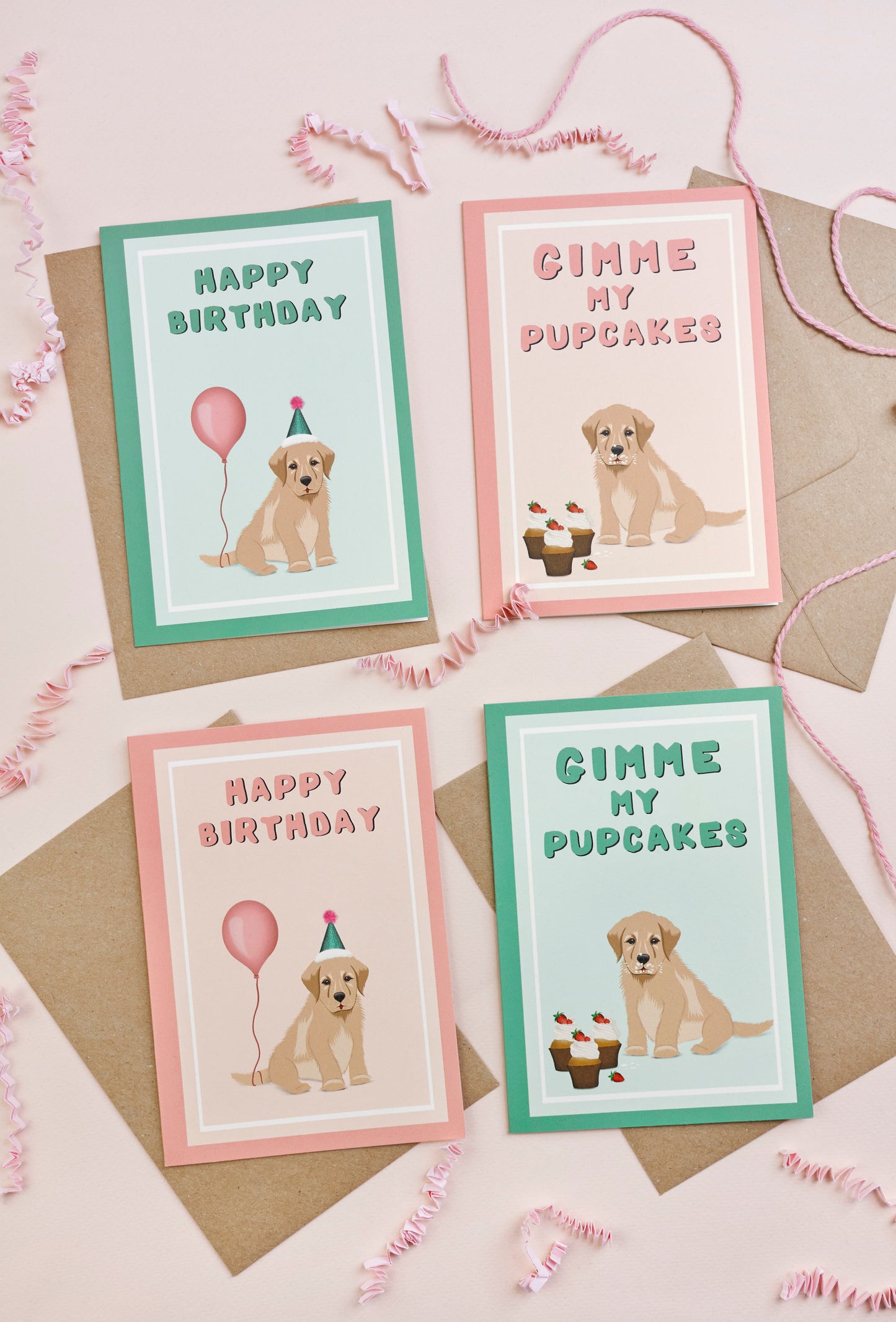 ‘Puppy with balloon’ card in pink