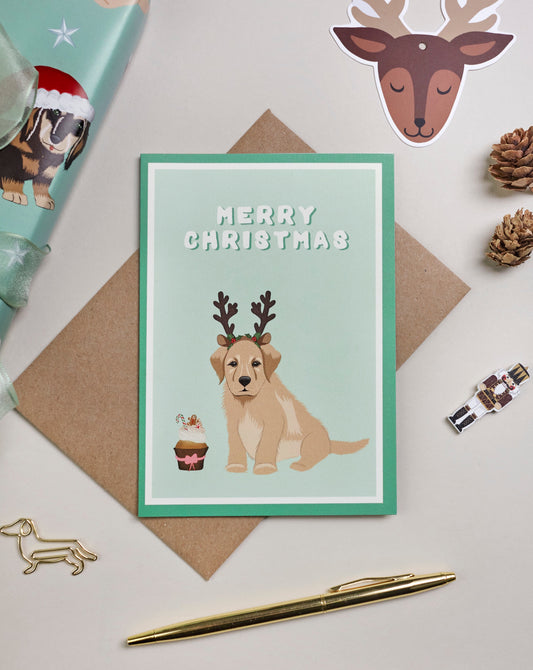 Puppy with antlers Christmas card