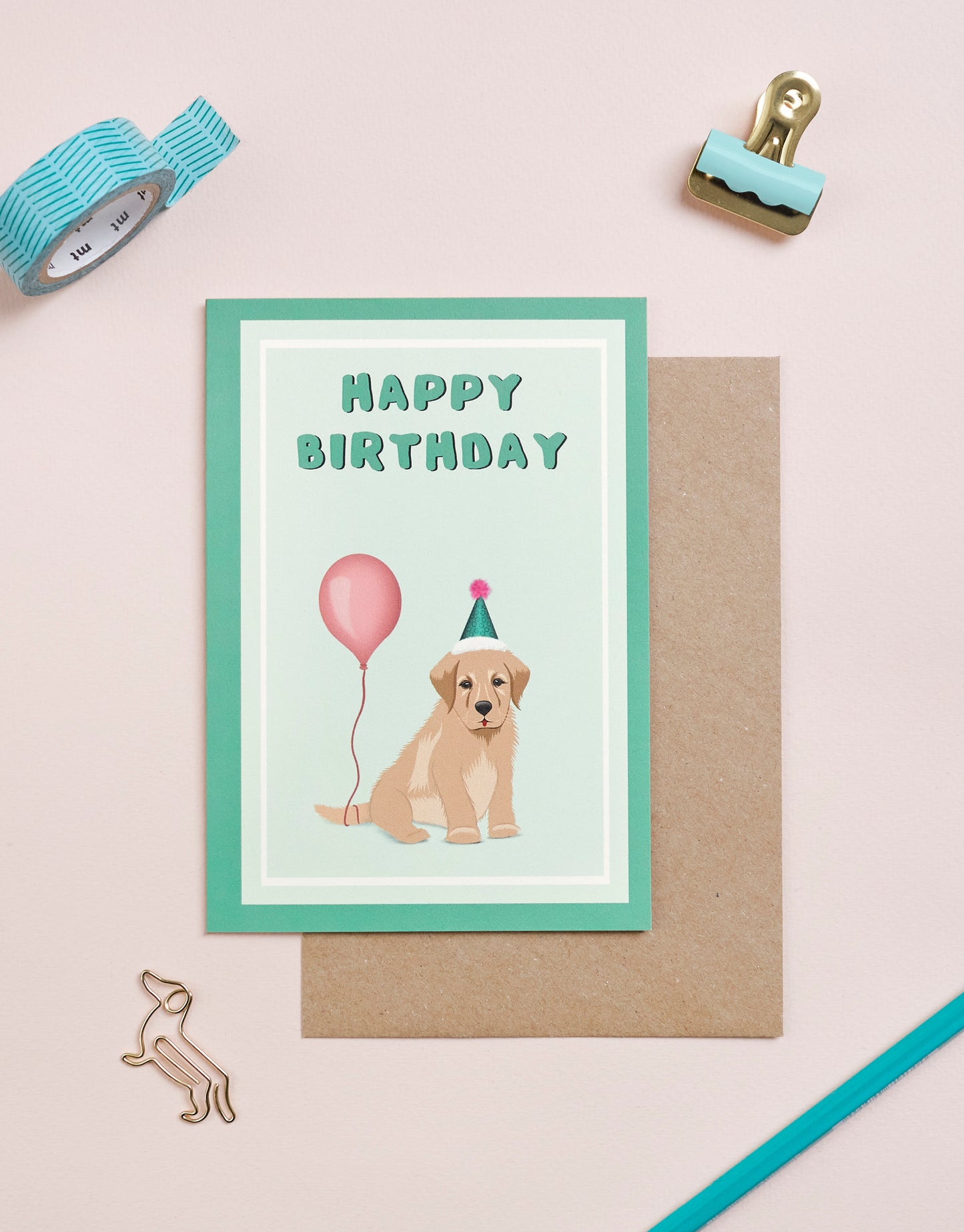 'Puppy with balloon' card in green