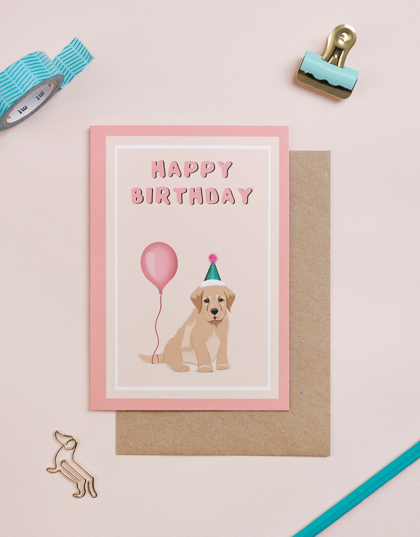 ‘Puppy with balloon’ card in pink