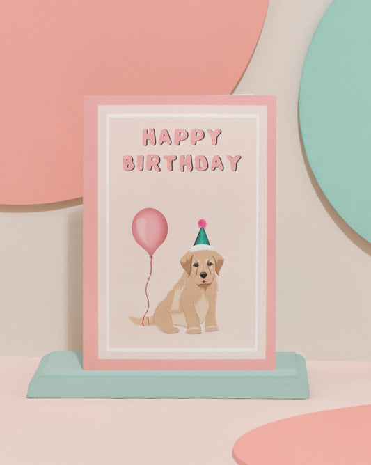 ‘Puppy with balloon’ card in pink